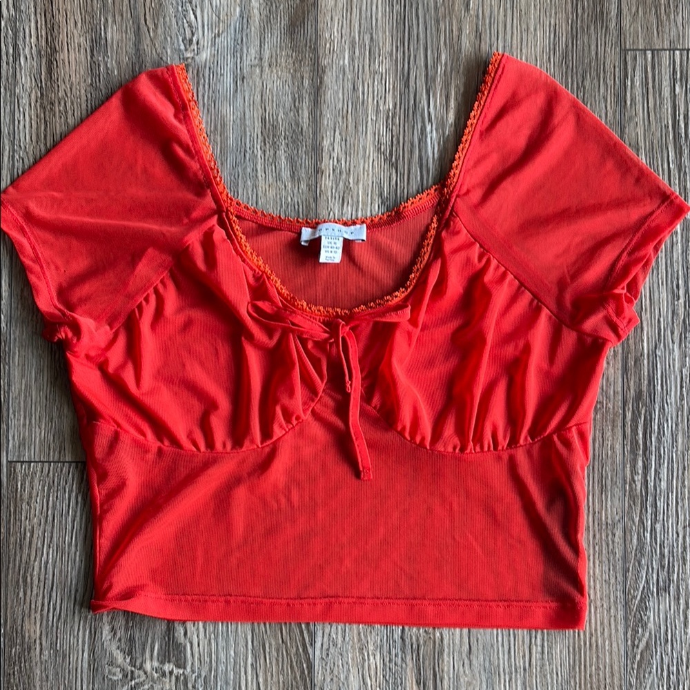 Topshop Orange Puff Sleeve Crop Top with Tie Front